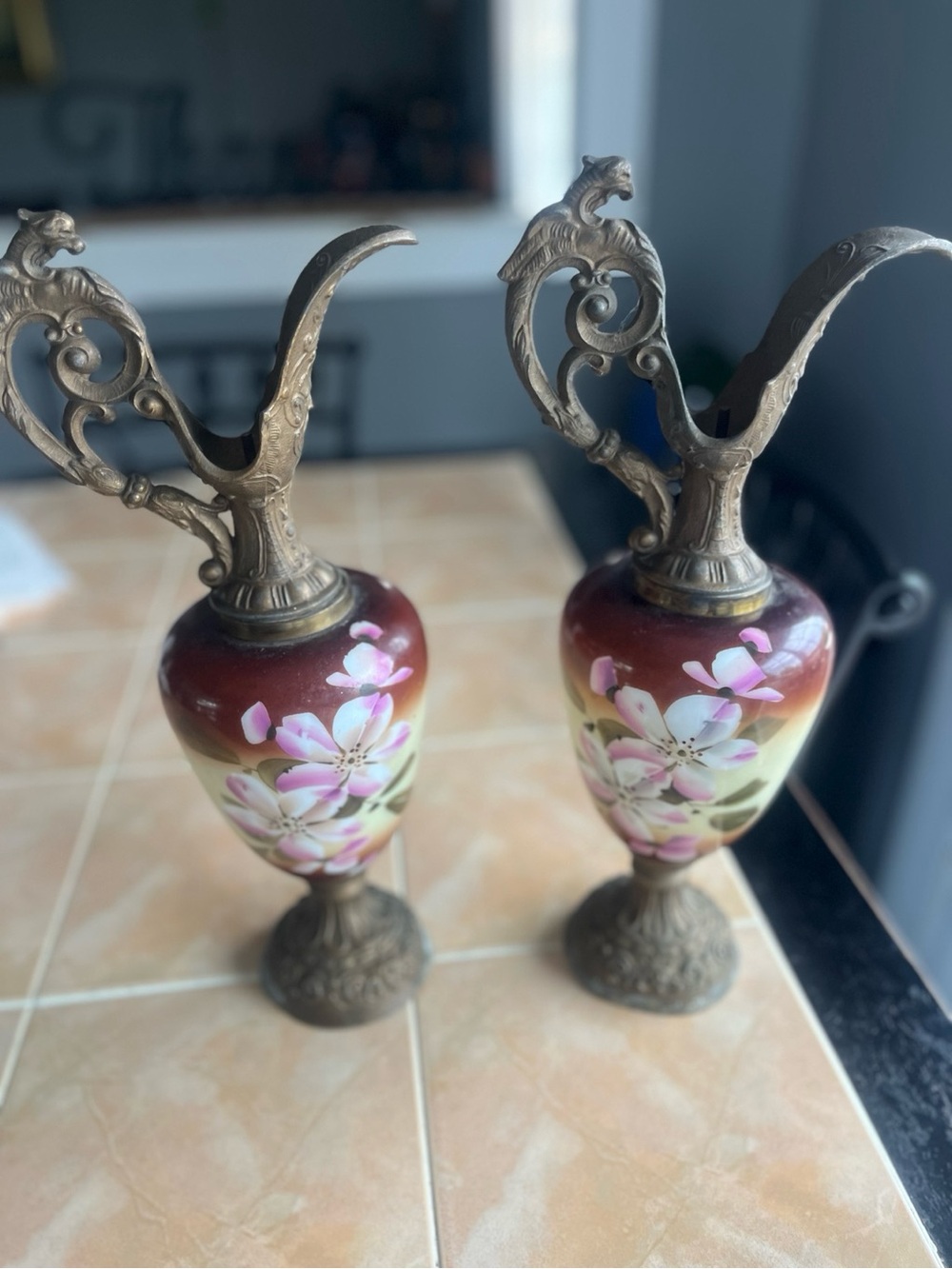 Vintage Hand-Painted Floral Glass Ewers Matching Pair Ornate Metal